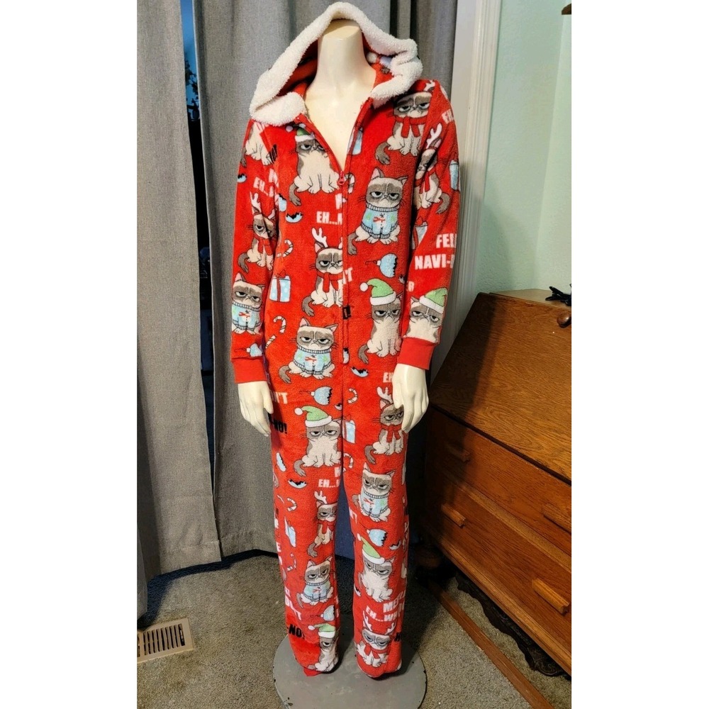 Grumpy Cat Hooded One Piece Zip‎ Fleece Pajamas Adult Size S Red Christmas